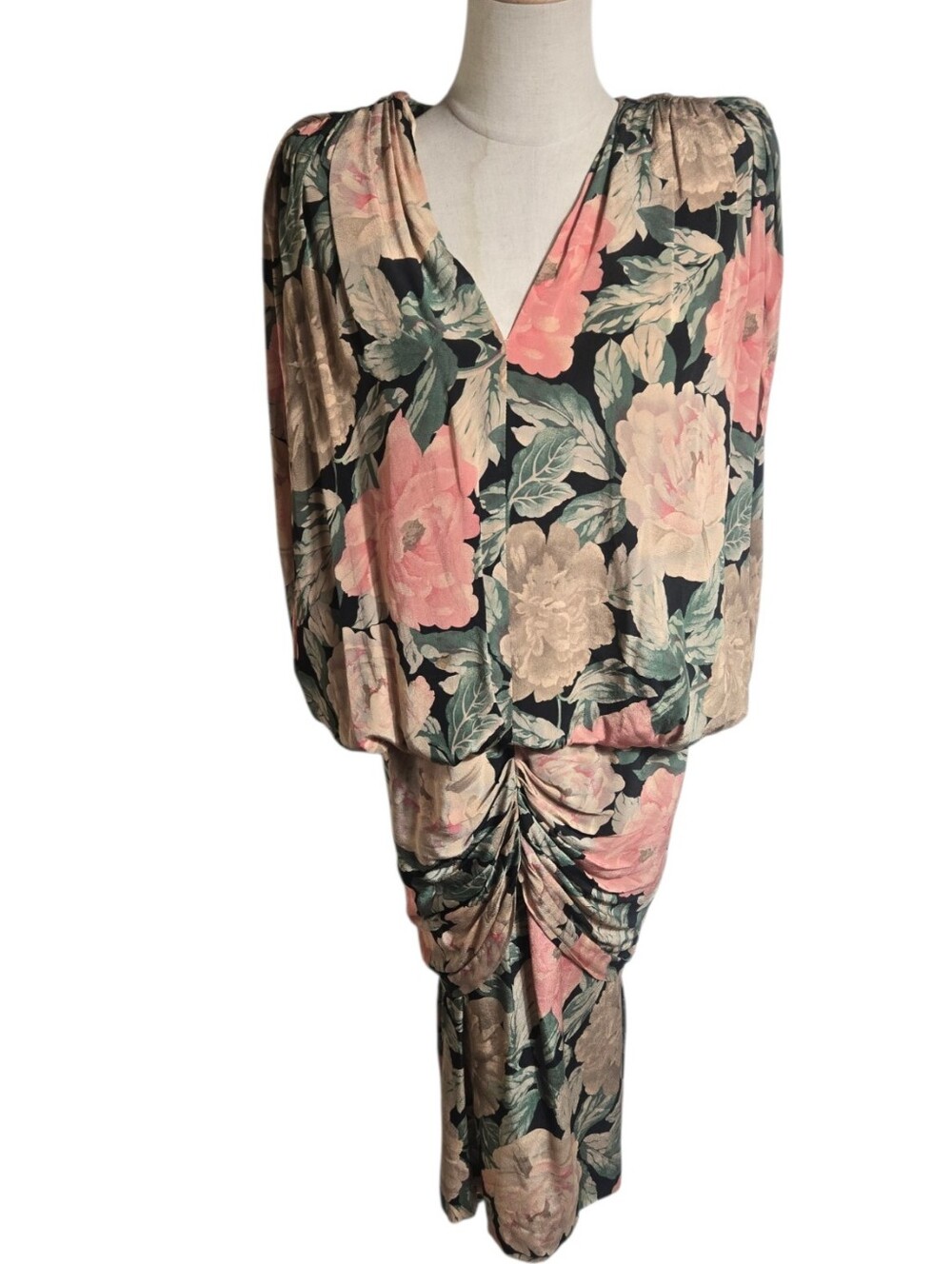 Barbara Barbara Vintage 80s Floral V-Neck Ruched Maxi Dress - Pink & Green